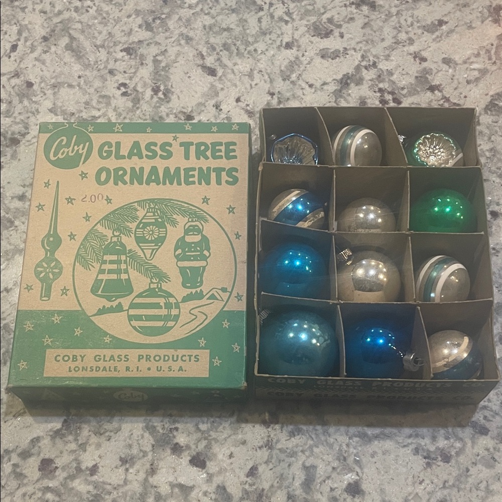 Coby Glass Tree Ornaments Set of 12 vintage 1940 Christmas decor in original box
